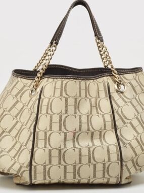 Carolina Herrera Off Cream_Brown Monogram Coated Canvas Chain Tote